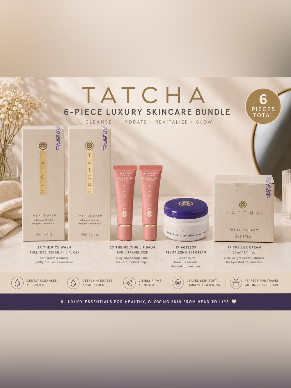 TATCHA 6-PIECE LUXURY SKINCARE BUNDLE GIFT SET NEW IN BOX $350